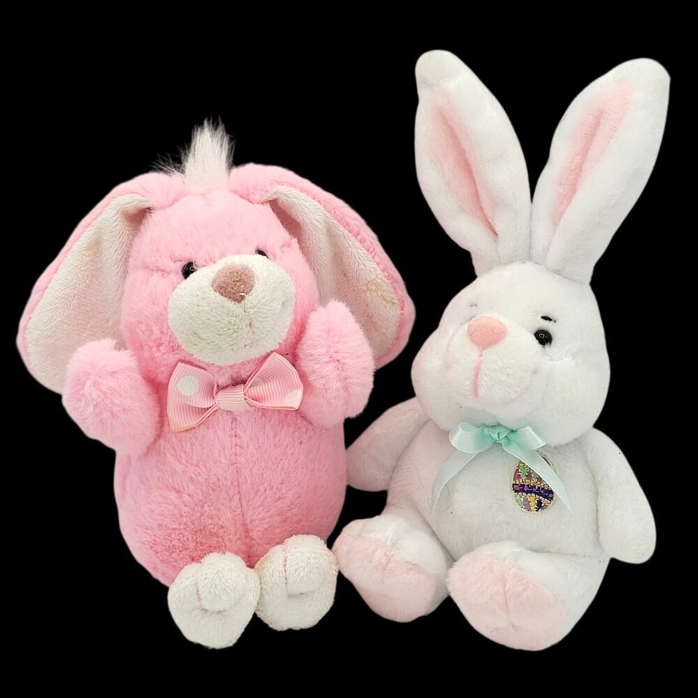 Set Of 2 GAF and Sound N Light Bunny Rabbits Pink White Bows 7" Easter NO SOUND